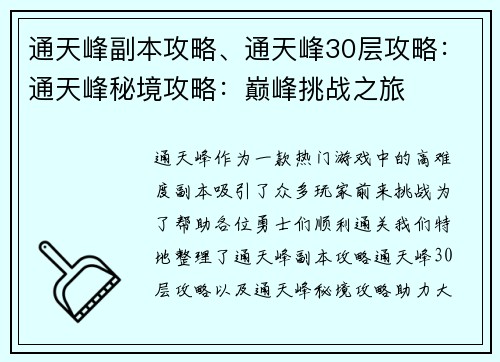 通天峰副本攻略、通天峰30层攻略：通天峰秘境攻略：巅峰挑战之旅